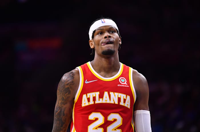 Atlanta Hawks forward Cam Reddish (22) looks on in the fourth quarter against the Philadelphia 76ers at Wells Fargo Center.
